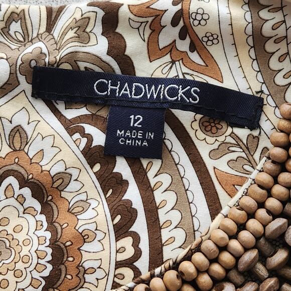 Chadwicks Brown Floral Print Beaded Round Neck Sheath Dress 12 Lightweight Soft - Picture 4 of 5